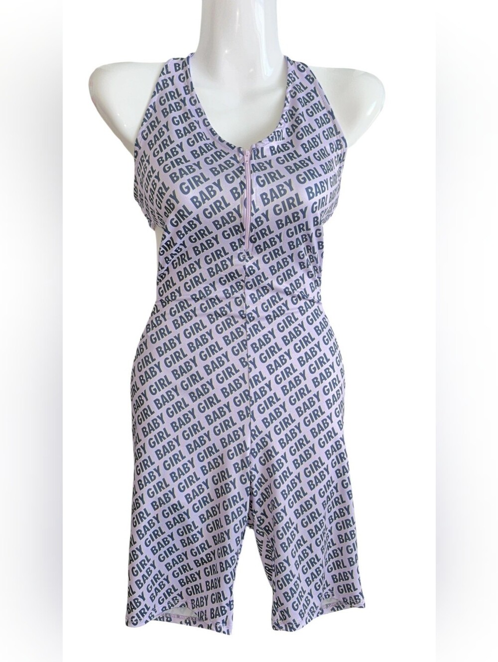 Graphic Zip-Front Sleeveless Romper in White/Black